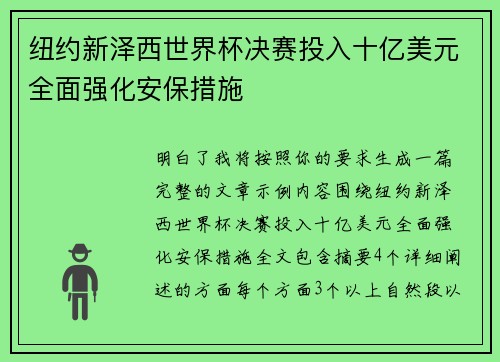 纽约新泽西世界杯决赛投入十亿美元全面强化安保措施